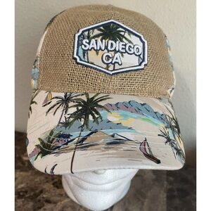Lucky 7 Cap San Diego Beach Scene Burlap Front Cream Blue Green Hook Loop